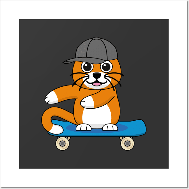 Cute Orange Cat on Skateboard Cartoon Wall Art by BirdAtWork